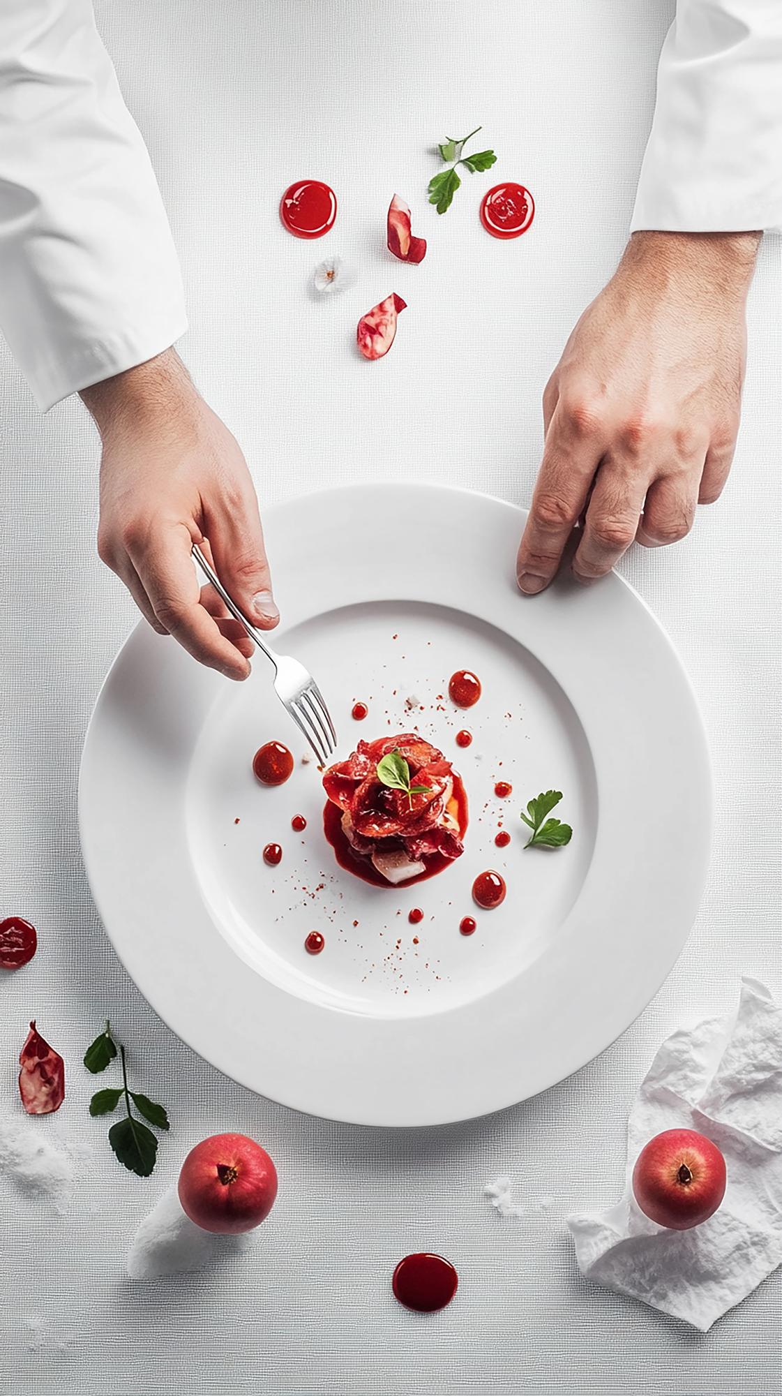 Chef demonstrating a plated dish in a futuristic kitchen